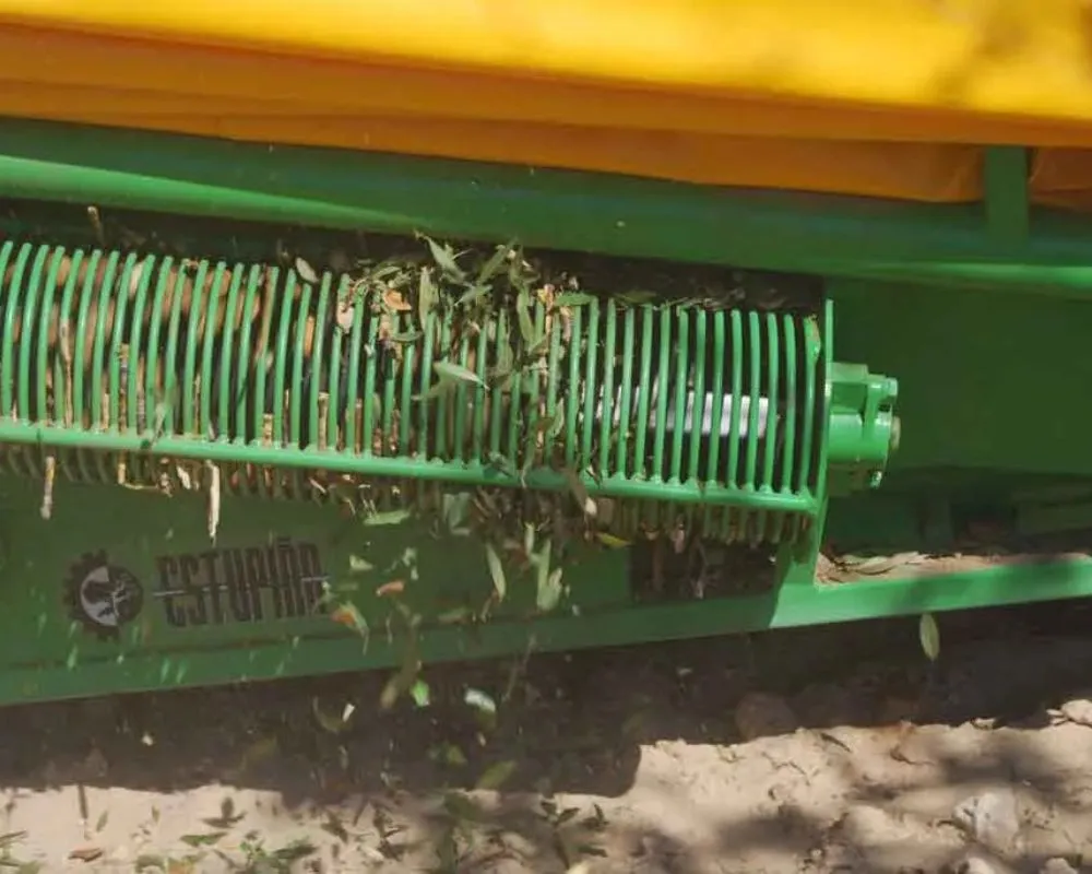 recolector de almendras estupiña con dos peladoras con paraguas de aluminio
